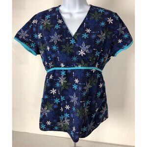 SB Scrub Scrub Top Women Size XS Blue w Snowflakes Elastic Waist Front Pockets